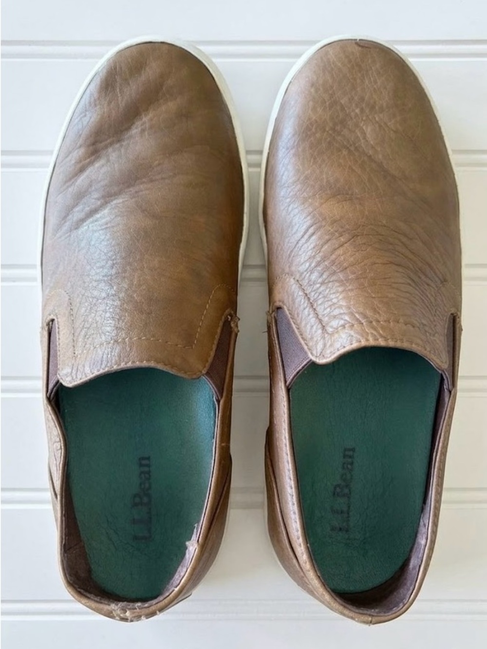 LL Bean Mountainville Shoes 7M Brown Leather Comfort Slip On Sneakers Men's